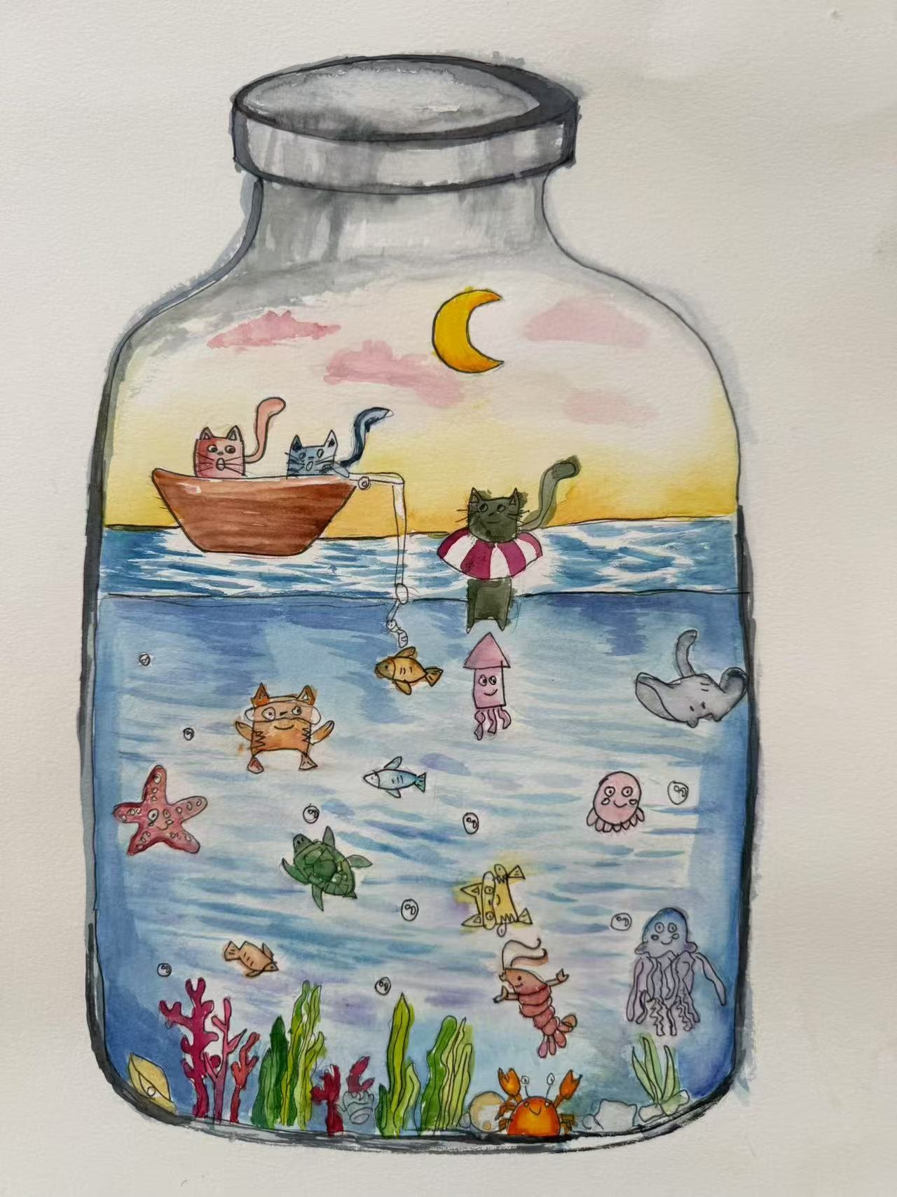 貓咪海洋瓶子畫作