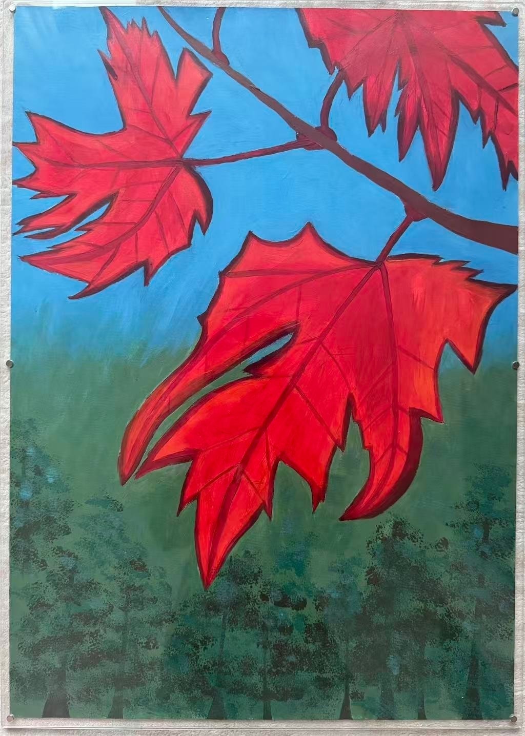 大幅紅楓葉手繪畫作
